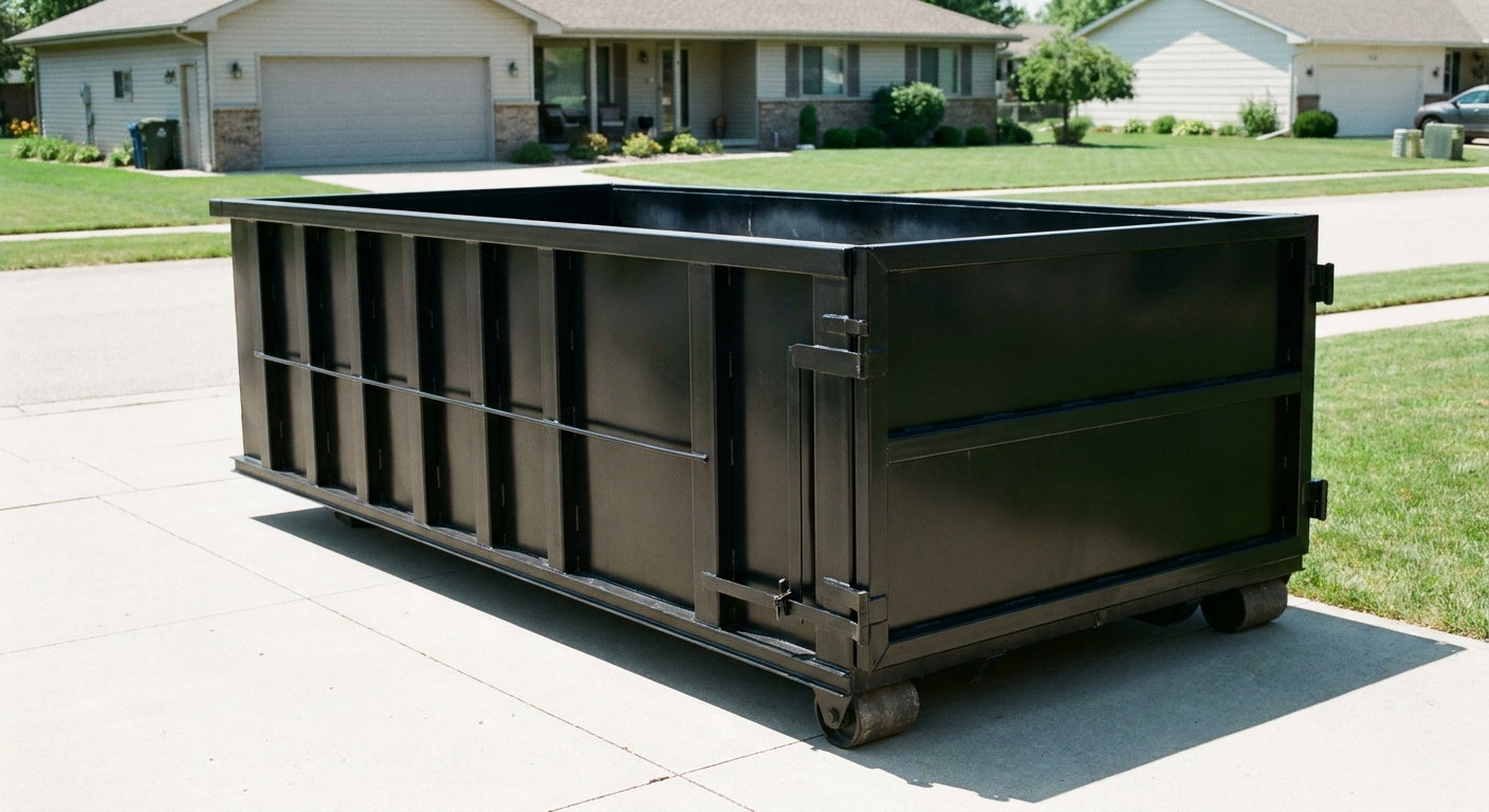 Matte-black 10-yard roll-off dumpster on a residential concrete driveway in Ann Arbor, uniformly painted matte black across every panel and rail, ribbed steel sidewalls and rear swing door visible, mid-day daylight.