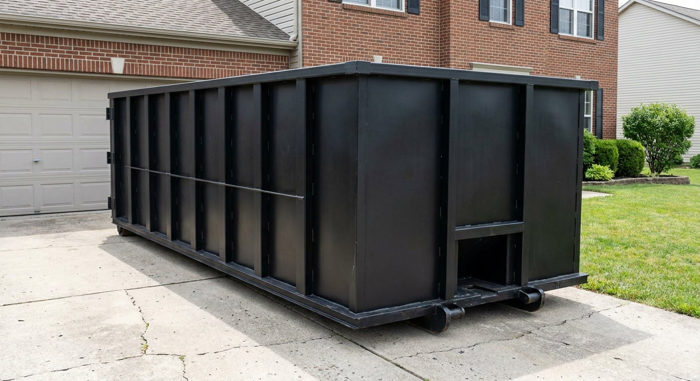 Matte-black 20-yard roll-off container on a Ann Arbor residential concrete driveway with reinforced ribbed steel sidewalls and a hinged rear walk-in door, clean bright daylight.