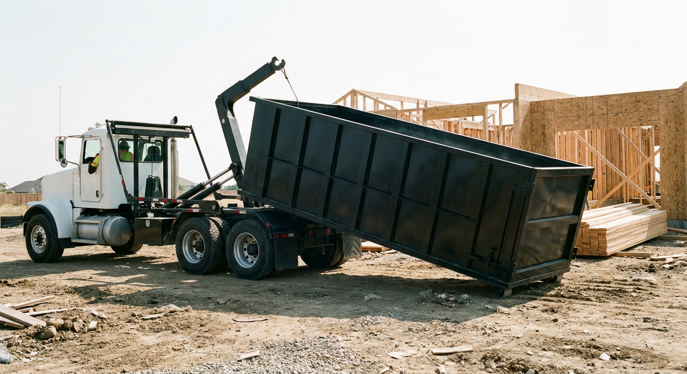 Matte-black roll-off dumpster being delivered onto a clean residential concrete driveway in Ann Arbor by an unmarked white hooklift hauler truck, bright morning daylight, documentary 35mm perspective.